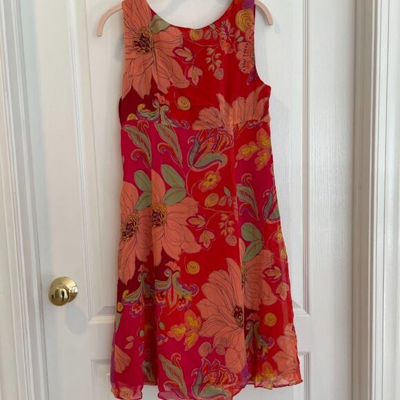 VINTAGE BOB MACKIE STUDIO SILK FLORAL REDS/ORANGES DRESS SIZE 10 PETITE - Picture 2 of 11